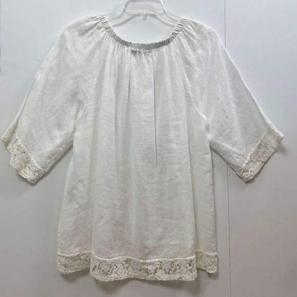 Belle France Boho White Linen Top with Lace Trim 3/4 Sleeve Boxy Sz Medium Italy - Picture 6 of 7